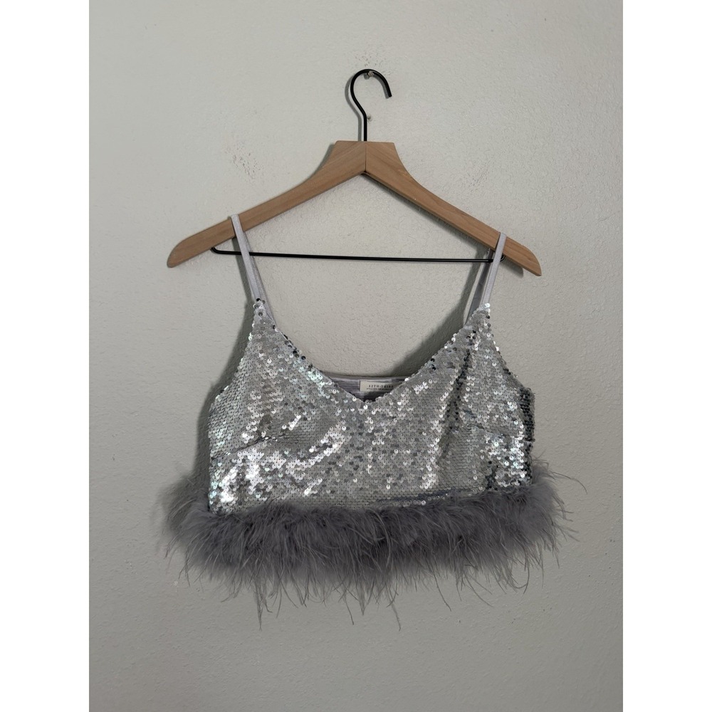 12th Tribe Silver Sequin Crop Top Feather Boa Embellished Concert Festival S